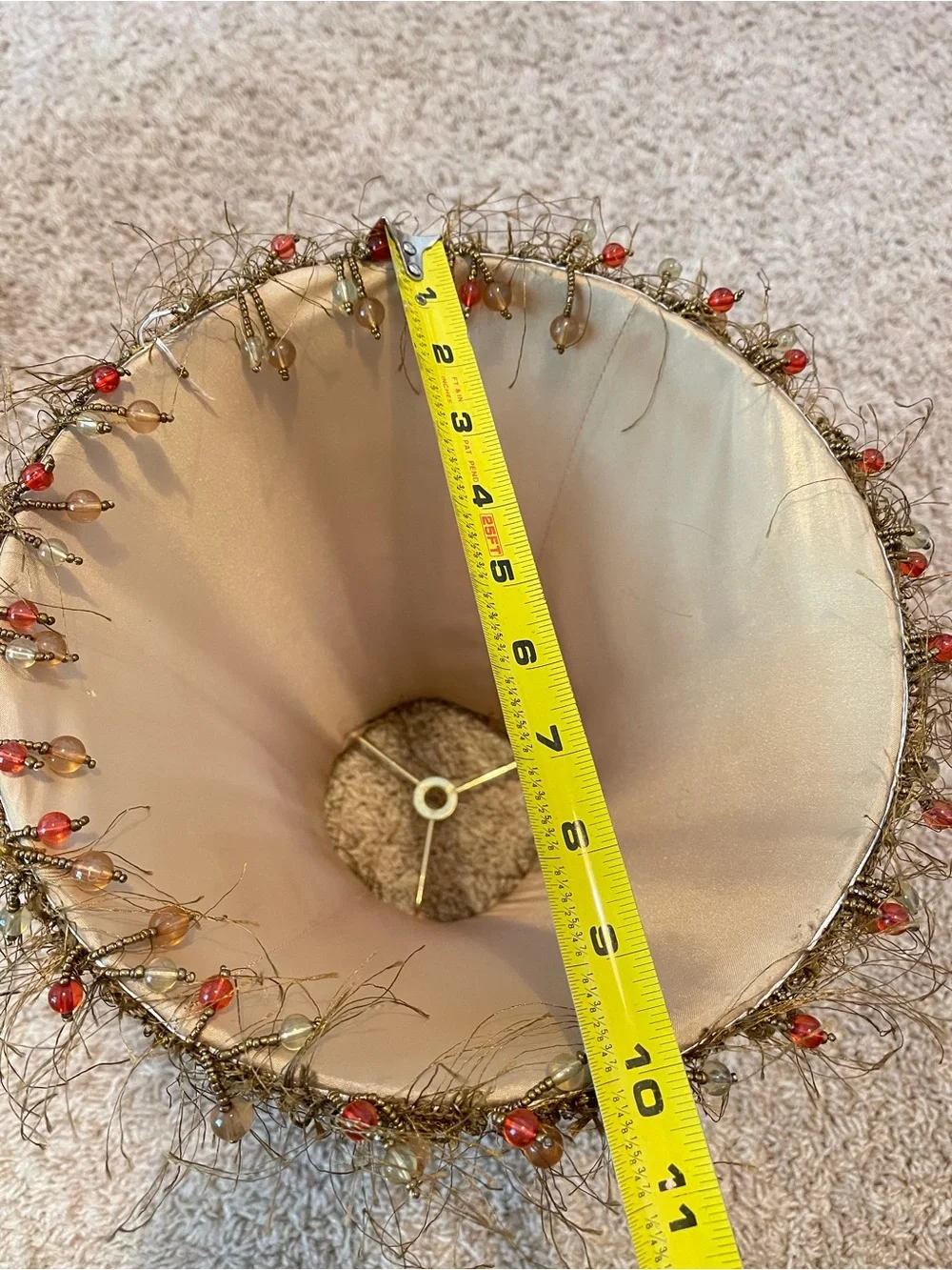 Vintage Victorian-style fringed beaded lampshade with a pleated, shimmery fabric